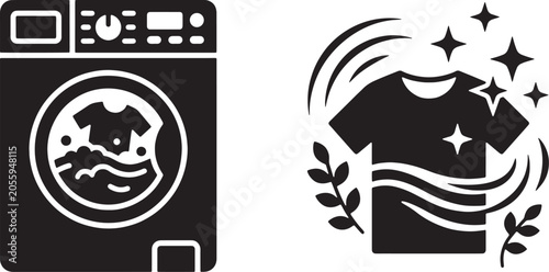 Art & Illustration, Solid black icons portraying a modern electronic laundry machine alongside a clean t-shirt surrounded by fresh sparkles, wind lines, and leaves.