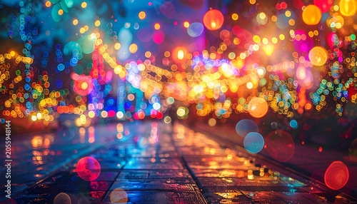 Vibrant city lights reflecting on a wet street at night.