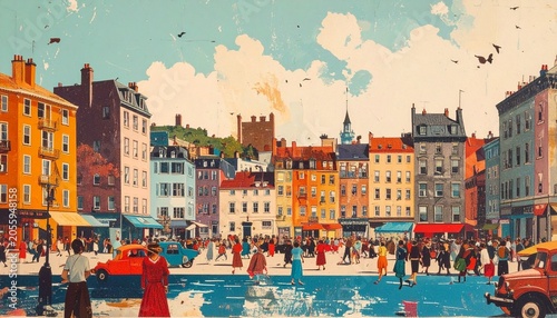 Vibrant Cityscape Painting with Crowds and Historic Architecture.