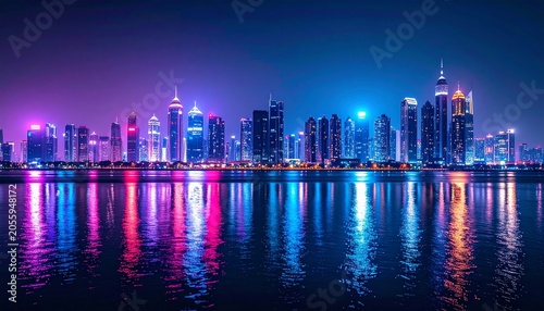 Vibrant Cityscape Reflection - A Nighttime Symphony of Lights.