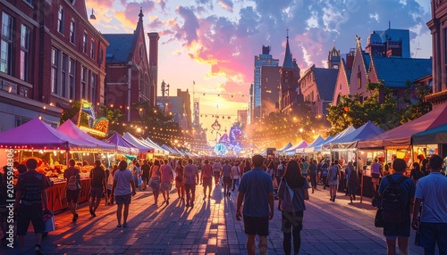 Vibrant street market scene with bustling crowds and colorful tents.
