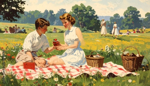 Vintage Picnic Scene - A Nostalgic Gathering in a Sunny Meadow.