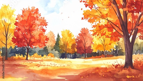 Watercolor Autumn Landscape - Vibrant Trees and Golden Foliage Painting.