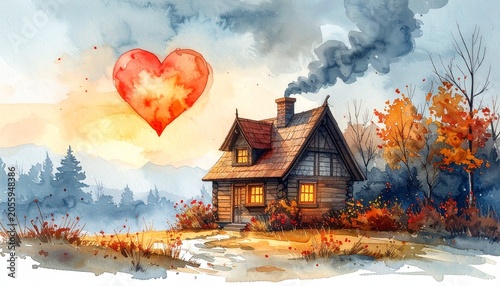 Watercolor Cabin in Autumn Landscape with Heart Symbolism.
