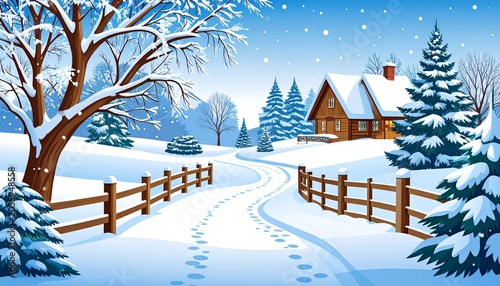Winter Wonderland - A Snowy Landscape with Cabin and Footprints.