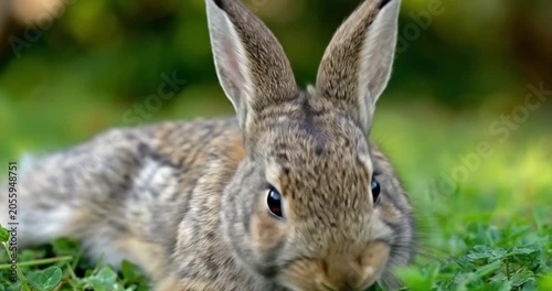 Close-up shot of a cute brown rabbit resting in the green grass, outdoor nature scene with soft natural lighting.
