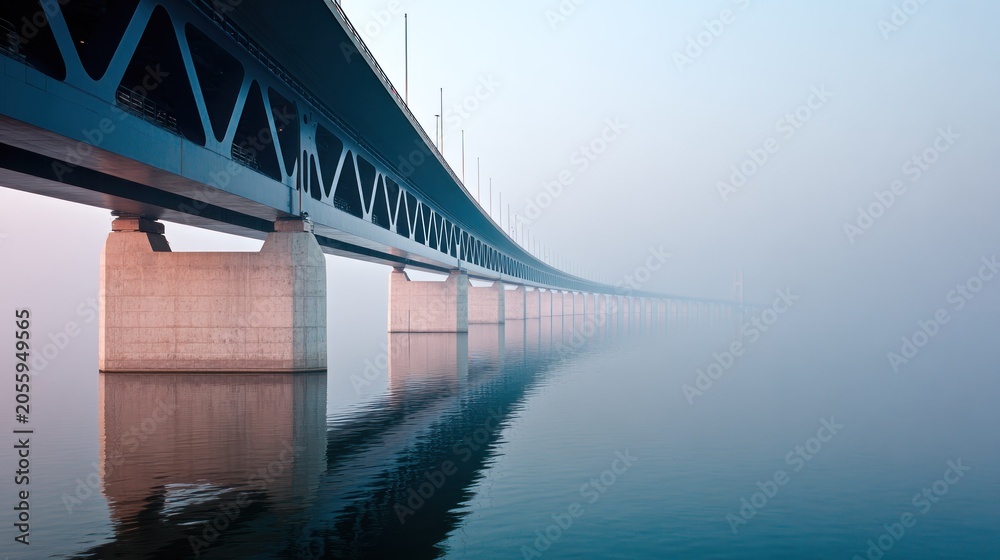 Obraz premium Long structural crossing spans over calm water disappearing into atmospheric haze