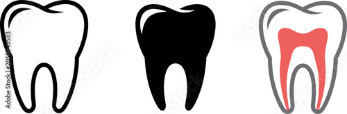 Tooth and dental pulp vector illustration icon set featuring molar outline silhouette and anatomical red root canal designs for dentistry concept