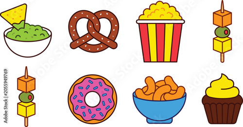 Snack Food and Party Appetizer Vector Icon Set Featuring Guacamole Dip, Pretzel, Popcorn Bucket, Cheese Skewers, Frosted Donut, Puff Bowls, and Frosted Cupcake for Menu Designs