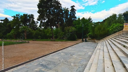 Zappeion garden park by hall, water fountain near historical square street in summer ancient city of Athens, Greece