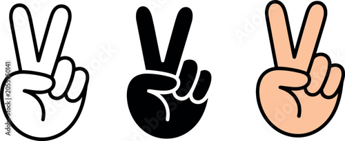 Vector set of peace sign hand gesture icons in bold outline black silhouette and flat color styles.Vector set of peace sign hand gesture icons in bold outline black silhouette and flat color styles.