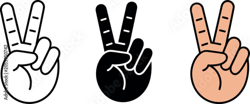 Vector set of peace sign hand gesture icons in bold outline black silhouette and flat color styles