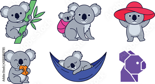 Photography Cute Koala Bear Vector Icon Set Featuring Climbing Eucalyptus, Mother with Joey,