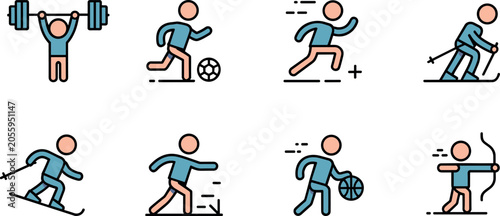 Vector set of sports and fitness stick figure icons including weightlifting soccer running skiing snowboarding basketball and archery