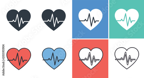 Heart pulse rate icons show diverse electrocardiogram lines within heart shapes in multiple colorful style options.