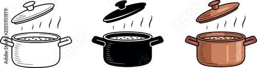 Vector set of boiling cooking pot icons with steam and open lids in outline black silhouette and brown cartoon styles