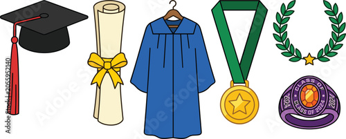 Graduation Ceremony Vector Icon Set Featuring Mortarboard Cap, Diploma Scroll, Academic Gown, Gold Medal, Laurel Wreath, and Class Ring for School University Celebrations and Invitation Designs