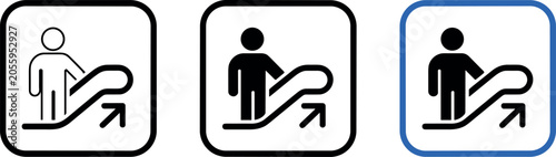 Vector set of escalator up sign icons showing person moving upward with arrow in outline silhouette and blue styles