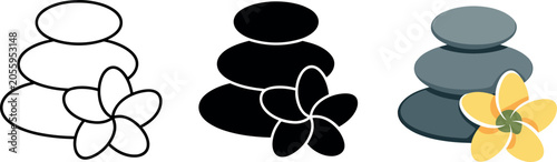 Vector set of zen spa stones icons with frangipani flower in outline black silhouette and grey flat cartoon styles