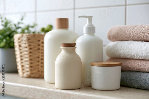 Minimalist bathroom shelf holds elegant white containers. Wooden lids add warm, natural contrast to clean lines. Stacked towels hint at cozy, organized daily routine. Soft lighting enhances serene
