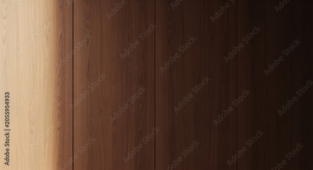 Obraz premium Minimal dark walnut wood wall texture with soft window light gradient, large empty space center, premium corporate backdrop for text overlay, 169, no people, no objects