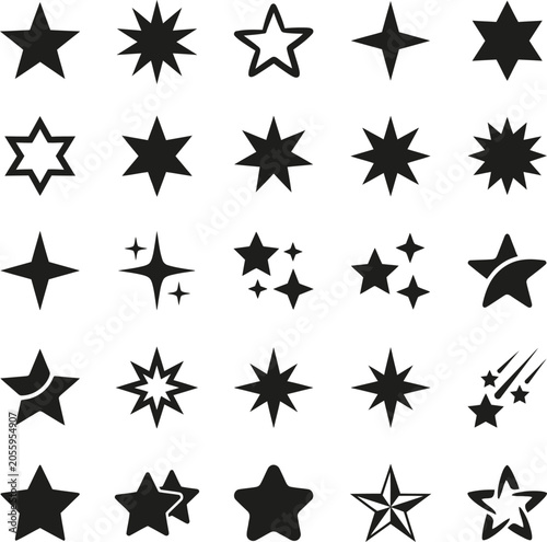 Diverse array of star symbols and glyphs from simple to intricate designs vector icons set silhouette on transparent background.