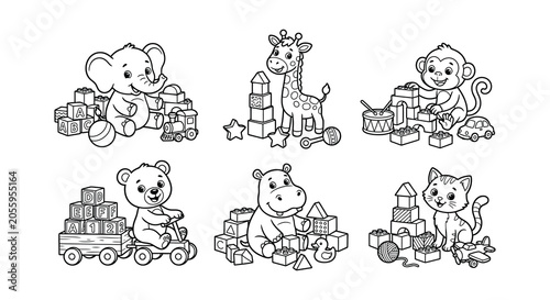 Photography Animal illustrations with building blocks vector line art on white background