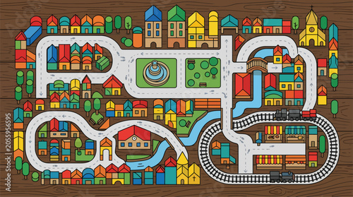 Εκτύπωση καμβά Colorful Toy City Map Playmat with Roads and Buildings.