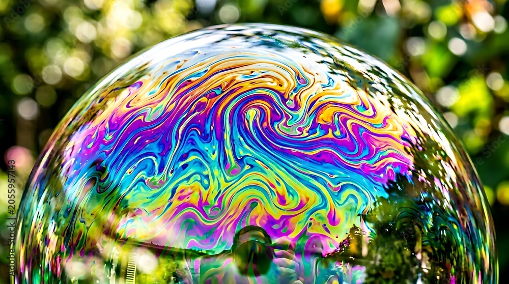 Fototapeta premium Colorful Soap Bubble with Swirling Patterns in Nature Scene.