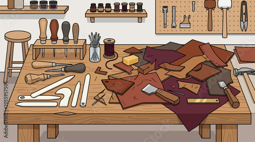 Bild auf Leinwand Handcrafted Leather Workshop Workbench with Professional Tools and Materials