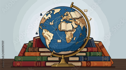 Bild auf Leinwand Vintage terrestrial globe resting on a stack of old hardcover books