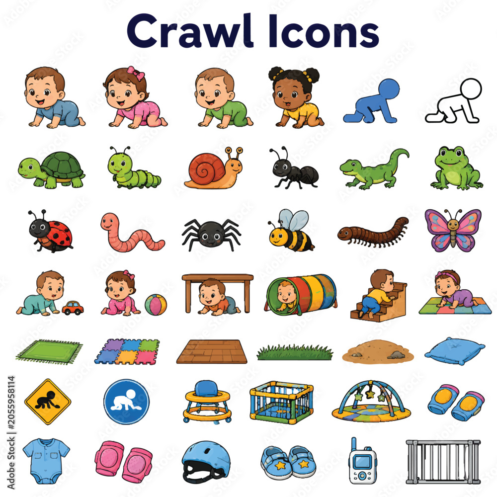 Fototapeta premium Crawl Icons Set, Crawling Movement and Animal Walking Vector Illustration