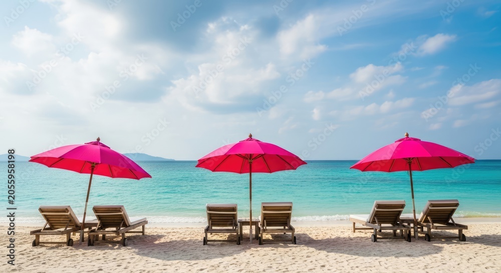 Fototapeta premium Pink umbrellas and lounge chairs on tropical beach
