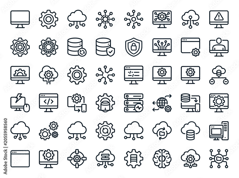 Fototapeta premium Technology and Cloud Computing Line Icon Set