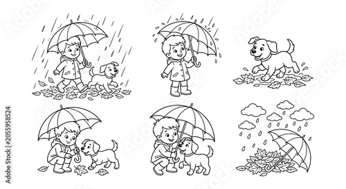 Tablou pe pânză Children With Umbrellas And Dog In Autumn Black And White Vector Illustration