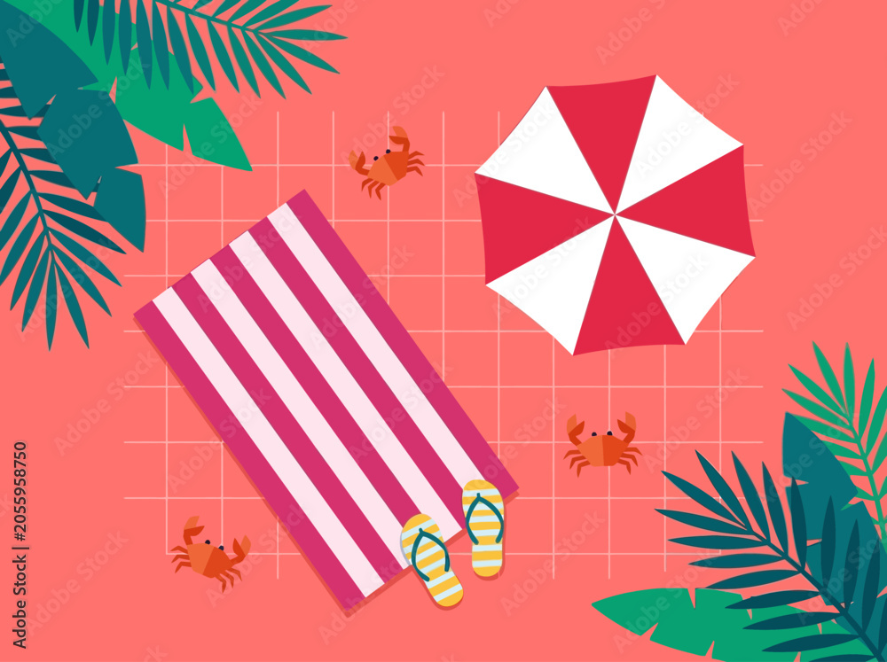 Obraz premium Flat Vector Top View Beach Scene with Umbrella and Tropical Leaves