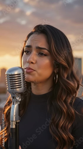 Passionate young woman singing into a vintage microphone outdoors at sunset. Vertical video