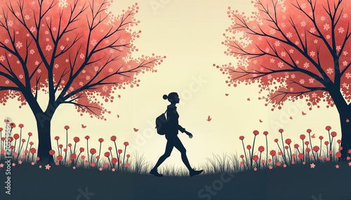 Silhouette of a woman walking peacefully among flowers and cherry blossom trees at sunset