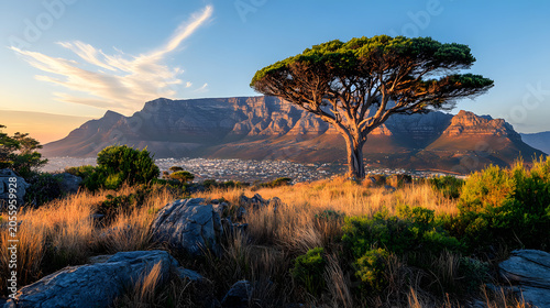 Majestic sunset over iconic table mountain with lone tree in foreground scenic landscape view of cape town cityscape under golden hour sunlight