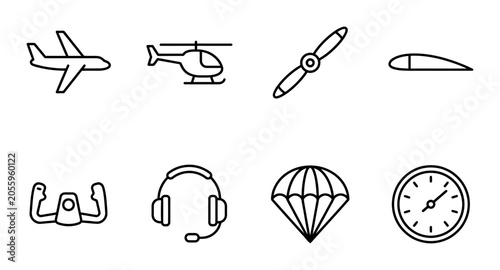 Tableau sur toile 8 Aircraft linear icon set airplane helicopter propeller wing yoke headset parac