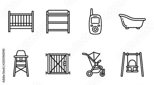 8 Baby Care linear icon set crib changing table baby monitor bathtub high chair gate stroller swing, UI and web interface design