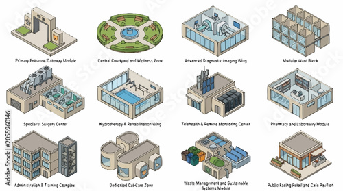 Foto Isometric illustrations of various medical facilities and healthcare buildings, including a pharmacy, rehabilitation center, and research laboratory
