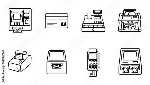 8 Finance linear icon set ATM, credit card, cash register, money counter, receipt printer, POS terminal, banking machines, payment systems, UI and web interface design