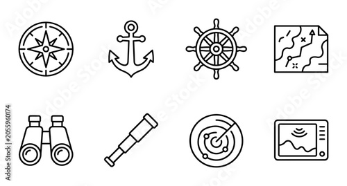 Fotografía Nautical linear icon set compass anchor ship wheel map binoculars telescope rada