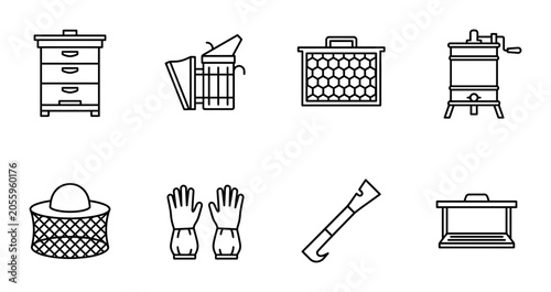 Bild auf Leinwand Beekeeping linear icon set hive smoker frame extractor gloves tools, UI and web