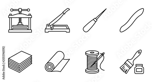 Vászonkép 8 Bookbinding linear icon set tools, UI and web interface design