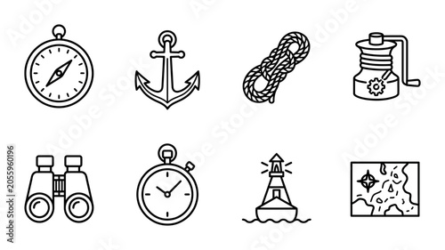 Nautical linear icon set compass anchor rope winch binoculars stopwatch lighthouse map, UI and web interface design