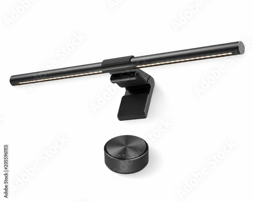 Minimal monitor light bar with controller for modern tech desk setup on white background