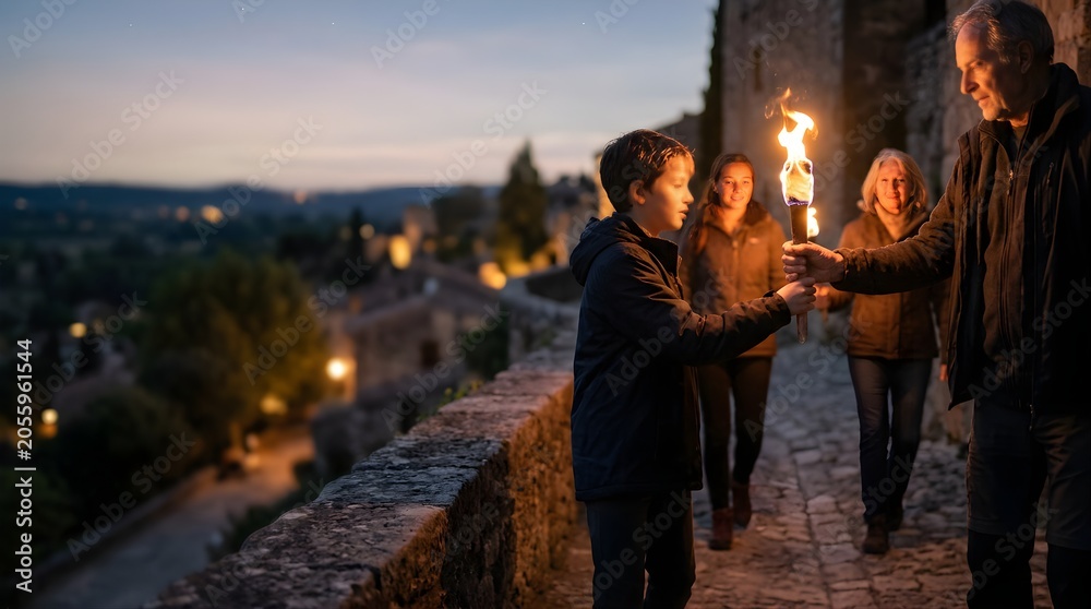 Fototapeta premium Family holding a flaming torch while walking on a medieval stone wall