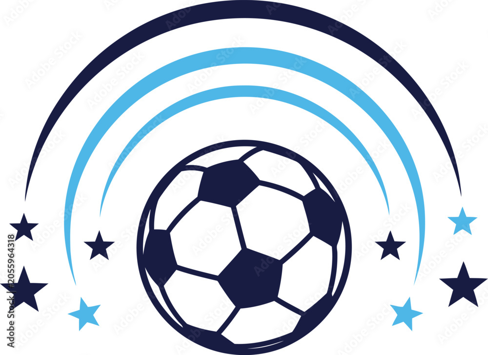 Naklejka premium Soccer ball under stylized arches and stars vector icon with football, athletics